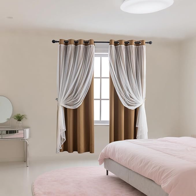 Anytime Home Curtains Blackout and Sheer Layered Solid Window Curtain Panel Pair with Grommet Top, 52Wx63L,Coffee