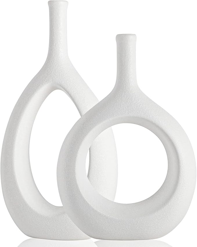 White Ceramic Hollow Elliptical Vase Set of 2 - Boho Circle Vase with Hole, for Modern White Table Decor, Living Room Decor Shelf mid Century Modern Home Entrance Decorative vase