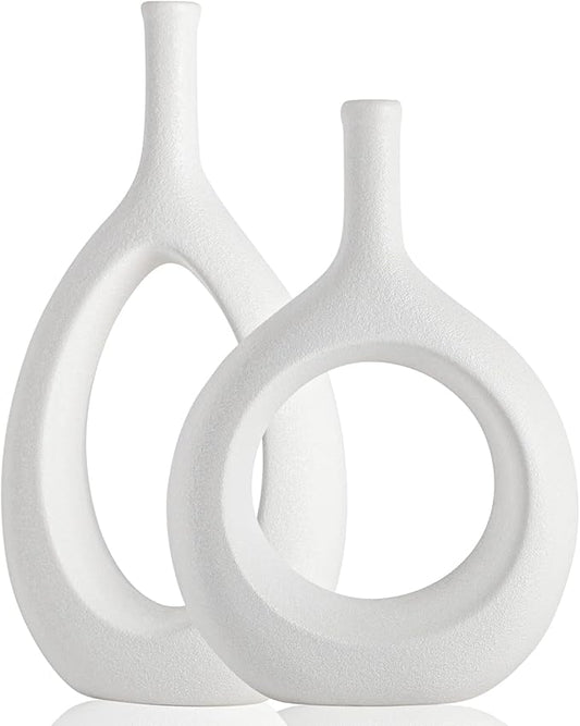 White Ceramic Hollow Elliptical Vase Set of 2 - Boho Circle Vase with Hole, for Modern White Table Decor, Living Room Decor Shelf mid Century Modern Home Entrance Decorative vase