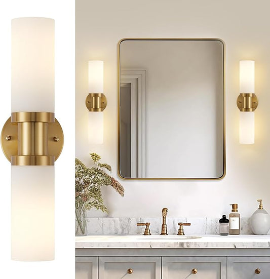 Brushed Gold Wall Sconces, 17.5 inch Modern Wall Sconces Lighting with Milk White Glass Shade, Gold Vanity Light Wall Lamp for Mirror Bathroom Kitchen Living Room