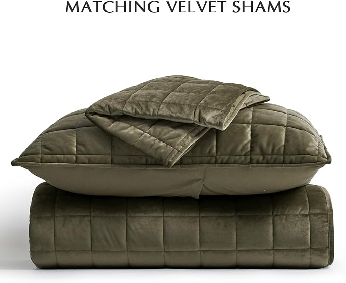 EVERGRACE Pearl Velvet Quilt Full Queen Size Bedding Sets, Luxurious Soft Velvet Comforter Set, Lightweight Box Stitching Oversized Bedspread Coverlet for All Season, with 2 Shams, Moss Green