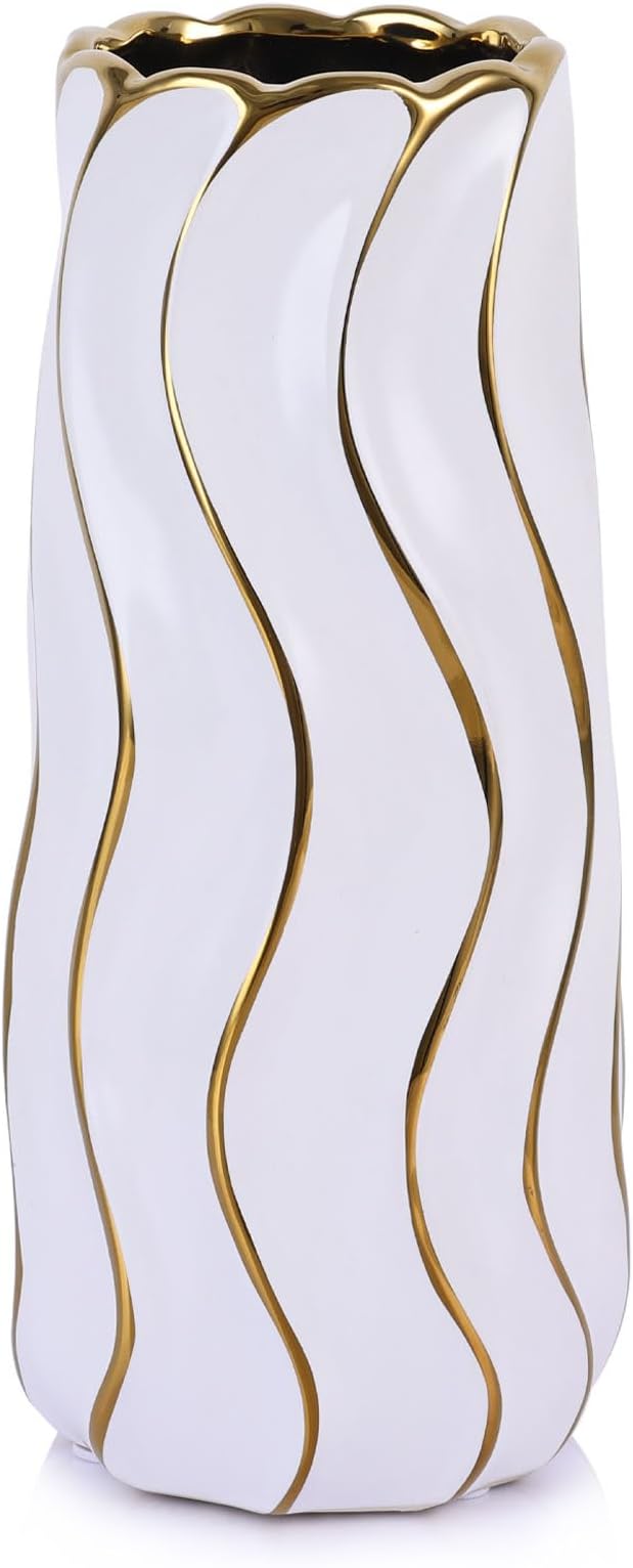 9.5" White Ceramic Vase - Minimalist Decor White and Gold Flower Vase, Modern Pampas Grass Vase, Boho Decorative Centerpiece Vase for Home Decor, Table, Shelf, Mantel, and Entryway