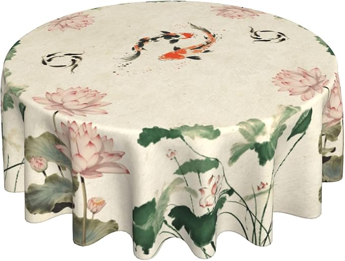 Chinese Tablecloth, Traditoanl Landscape Lotus Floral Oriental Koi Vintage Ink Painting Japanese Water Resisitant Table Cover for Dining Kitchen Living Room Home Party Holiday Decor 70 inch Round