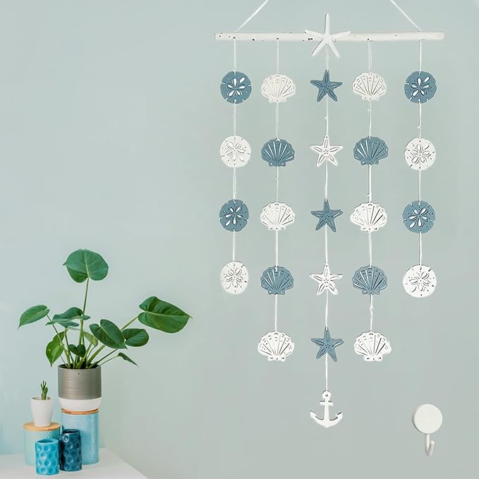 Beach Wall Hanging Decor–Starfish Seashell Coastal Wall Art with Sea Shell Anchor Bathroom Decoration, Boho Nautical Farmhouse Rustic Wood Home Decor for Porch, Bedroom, Living Room 28"x16"