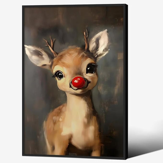 Christmas Reindeer Wall Art Winter Cute Whimsical Animal Canvas Poster 16x24 inch Black Framed Vintage Red Nose Deer Painting Prints for Rustic Living Room Bedroom Wall Decor