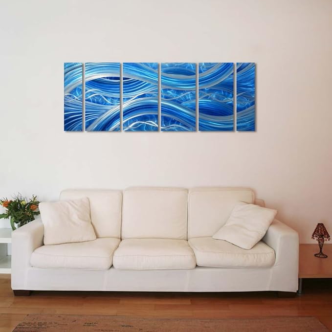 MyArton Handmade Abstract Metal Wall Art with Soft Color, Large Scale Decor in Blue Line Design, 3D Artwork for Indoor Outdoor Wall Decorations, 6-Panels Metal Art Measure 24"x 65"