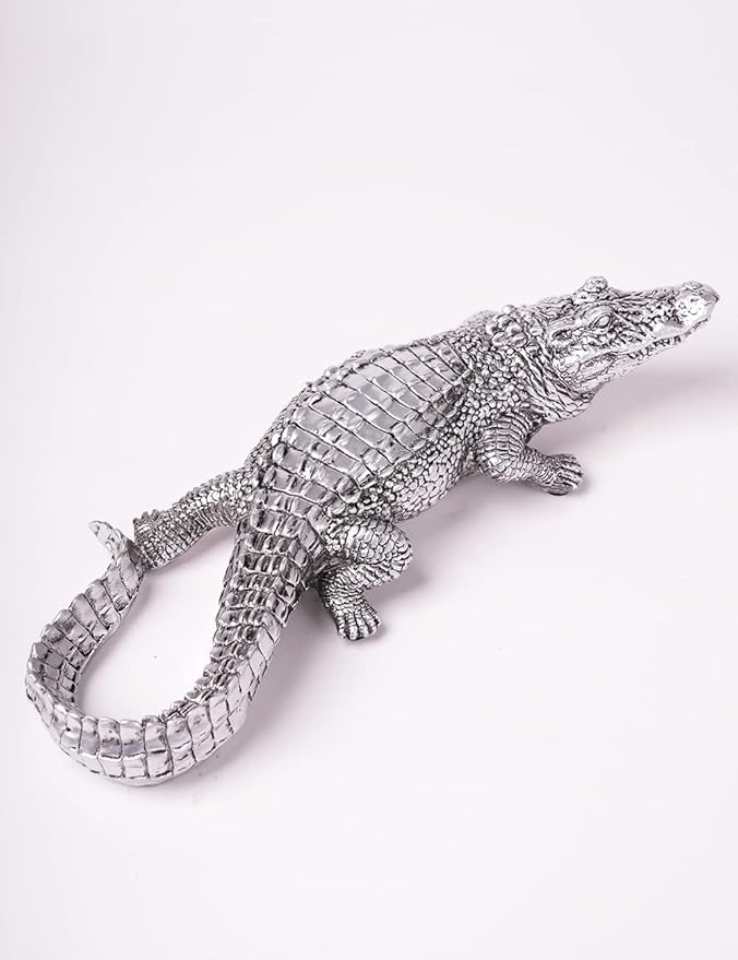 HAUCOZE Crocodile Sculpture Statue Animal Figurine Geometric Decor Polyresin Silver 14 inch