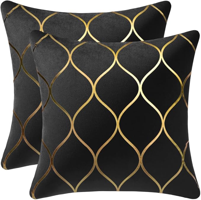 24x24 Inch Gold Velvet Throw Pillow Covers: 2 Pack Square Decorative Pillow Cases for Bedroom Sofa Couch Living Room, Black