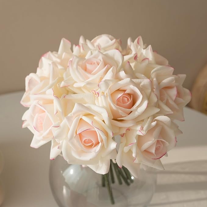 Artificial Roses Single Stem 10pcs Fake Silk Flower Arrangement Bouquet Real Touch for Home Party Wedding Decoration(Pink Edge)