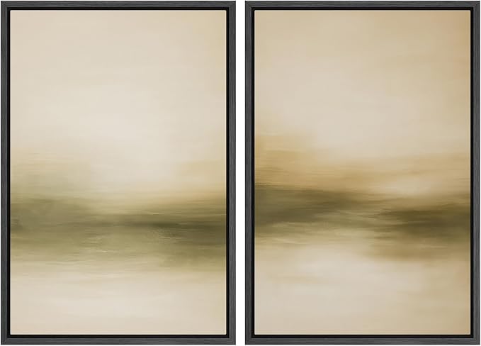 SIGNWIN Framed Canvas Print Wall Art Set Golden Horizon Mist Neutral Beige and Olive Gradient Abstract Landscape Zen Bohemian for Living Room, Bedroom, Office - 24"x36"x2 BLACK