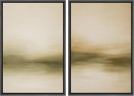 SIGNWIN Framed Canvas Print Wall Art Set Golden Horizon Mist Neutral Beige and Olive Gradient Abstract Landscape Zen Bohemian for Living Room, Bedroom, Office - 24"x36"x2 BLACK