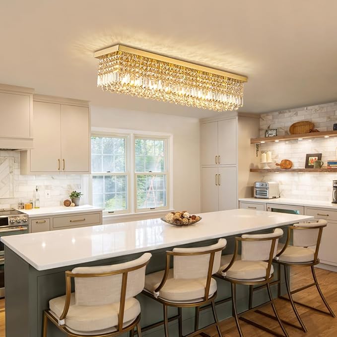 Siljoy Modern Crystal Chandelier 8 Lights Rectangular Gold K9 Crystal Raindrop Chandelier Flush Mount Pendant Ceiling Light Fixture for Dining Room Living Room Kitchen Island Bar 40 Inch