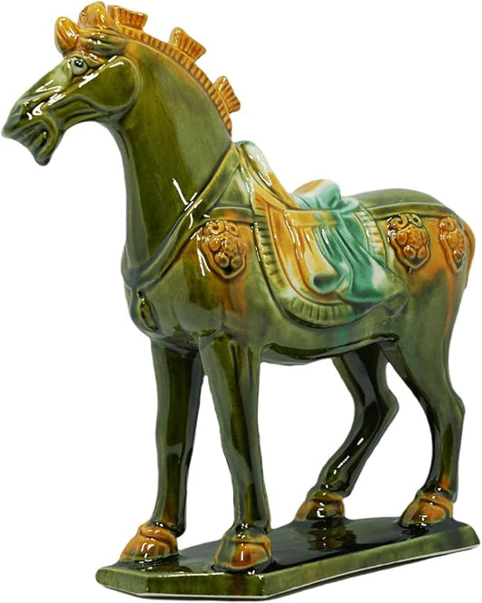 Handmade -Tang Dynasty Tri-Color Horse Sculpture Ceramic Horse-19cm Cultural Art Piece for Home,Bookcase or Office Decor (Grass Green)