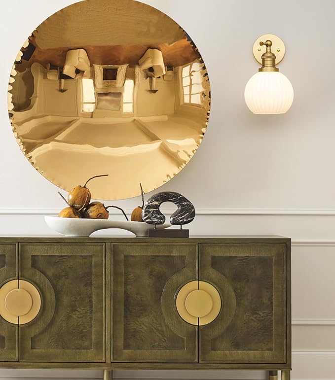 PERMO Vintage Wall Sconce Bedroom Sconce Globe Vanity Wall Light Milk White Glass Shade Wall Light Lamp Fixture (Antique Gold)