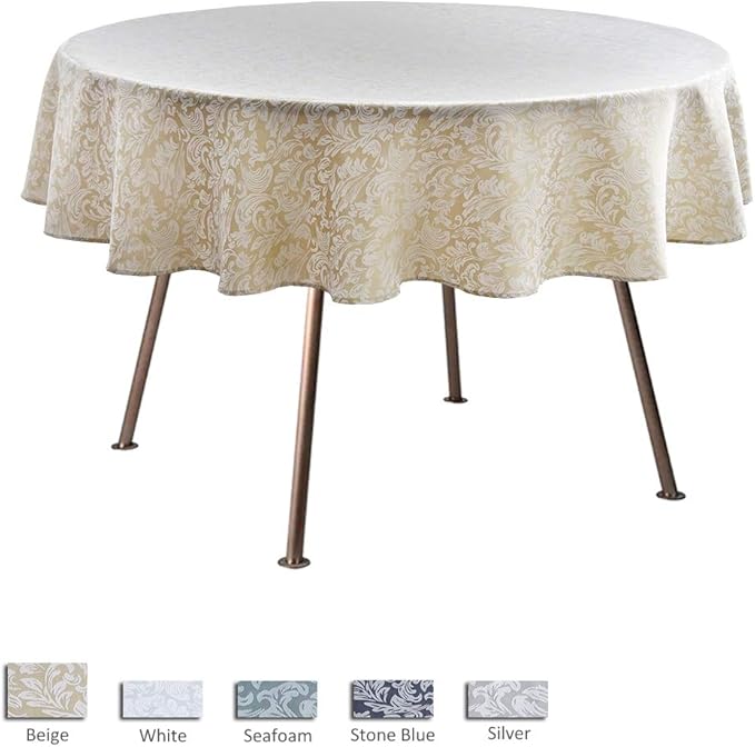 maxmill Jacquard Round Table Cloth Damask Design Waterproof Antiwrinkle Heavy Weight Soft Tablecloths for Circular Table Cover and Kitchen Dinning Tabletop Round 70 Inch Beige with White