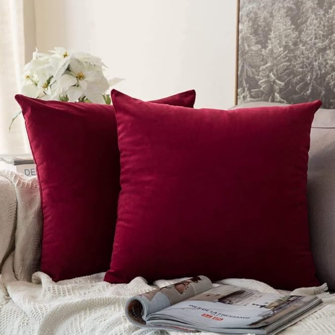 MIULEE Pack of 2 Velvet Soft Solid Decorative Christmas Square Throw Pillow Covers Cushion Case for Sofa Couch Bedroom Car 16x16 Inch Wine Red