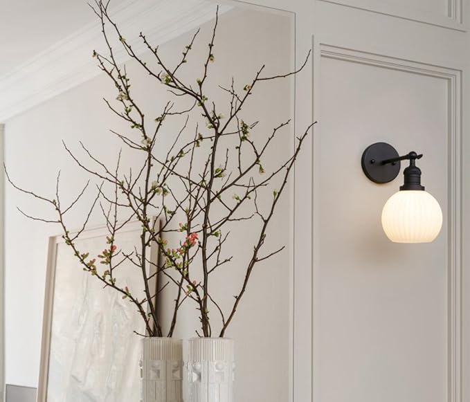 PERMO Vintage Wall Sconce Adjustable Black Sconce Globe Vanity Wall Light with Milk White Glass Shade for Farmhouse Bedroom Living Room Loft