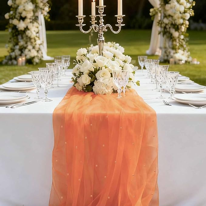 WELTRXE Pearl Table Runner Tulle 10ft, Boho Rustic Lace Table Runner 30x120 Inch for Wedding Decor Birthday Party Dining Table Cover, Orange