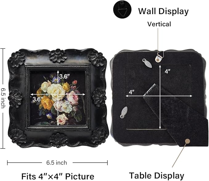 SYLVIA'S SHOP 4x4 Small Vintage Picture Frame, Antique Black Ornate Square Photo Frame, for Tabletop and Wall Display, Decorative Floral Design Retro Home Decor, Photo Gallery Art