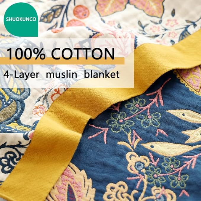 Boho Throw Blanket for Bed 100% Cotton Ultra Soft Rustic Quilt Fall Blanket Bird Floral Printed Farmhouse Decor Bed Blankets,60"×80" All Season Rustic Throw for Sofa Couch Chair