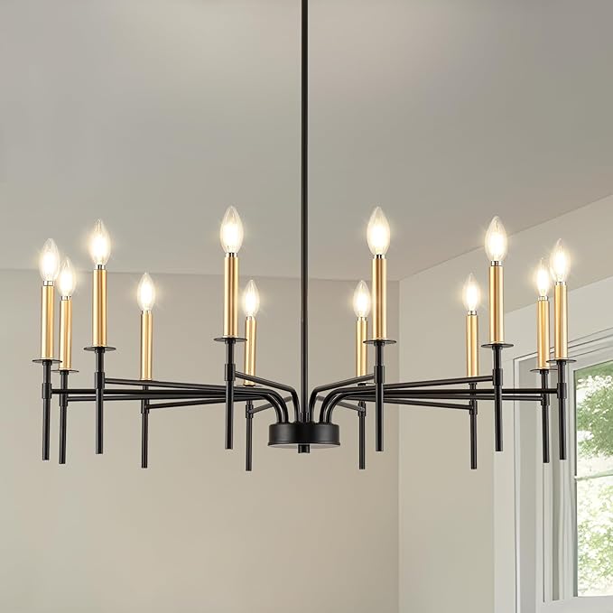Modern Dining Room Light Fixture 12-Light,Farmhouse Black and Gold Chandelier, Metal Candle Chandeliers for Dining Room, Kitchen, Living Room, Bedroom, Foyer, Staircase, Entryway
