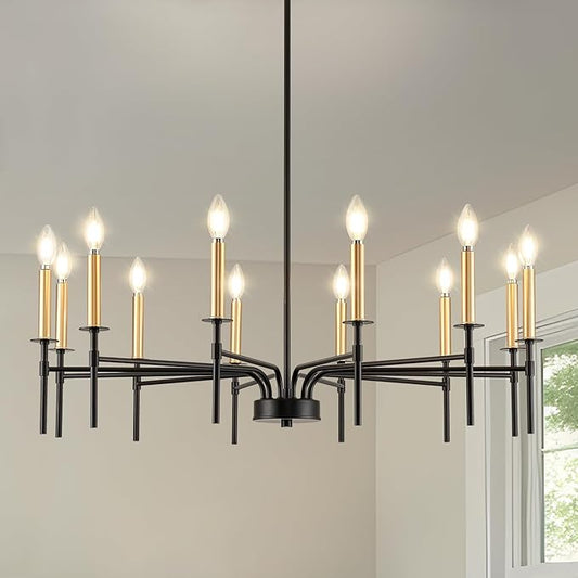 Modern Dining Room Light Fixture 12-Light,Farmhouse Black and Gold Chandelier, Metal Candle Chandeliers for Dining Room, Kitchen, Living Room, Bedroom, Foyer, Staircase, Entryway