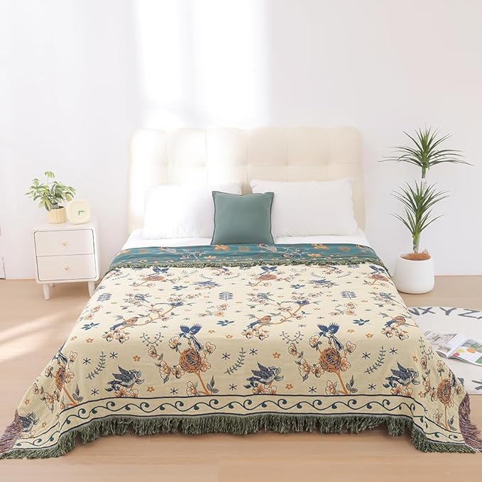 Boho 100% Cotton Large Throw Blanket - All Season Rustic Ultra Soft Breathable Floral Bird King Blanket for Bed Sofa Couch Chair Bedspread Quilt Gift, 91" x 98"-Teal/Beige