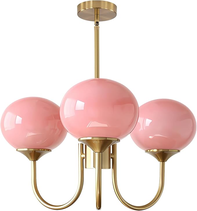 BOKT Modern Pink Sputnik Chandelier Brushed Gold Globe Sputnik Light Fixture 3 Light Mid Century Glass Pendant Lights Height Adjustable Vintage Large Ball Chandeliers Light