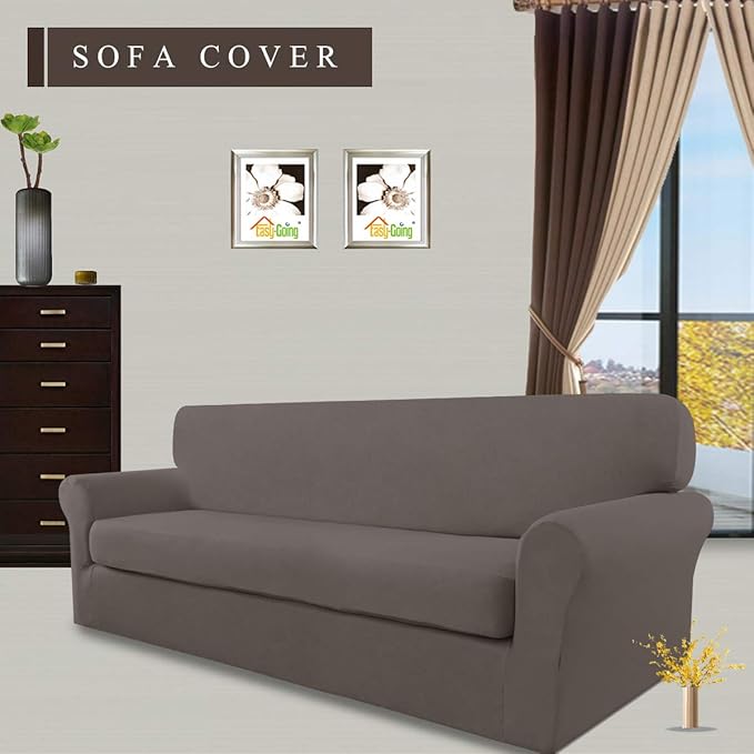 Easy-Going 2 Pieces Microfiber Stretch Sofa Slipcover Spandex Soft Fitted Sofa Couch Cover, Washable Furniture Protector with Elastic Bottom Kids,Pet (XLarge,Taupe)