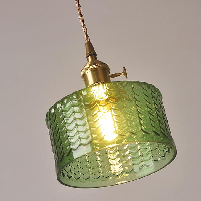 Vintage Pendant Light Fixtures, Brass Socket with ON/Off Switch and Green Glass Lamp Shade Pendant Light for Kitchen Island Farmhouse Living Room (Green,Scaly)