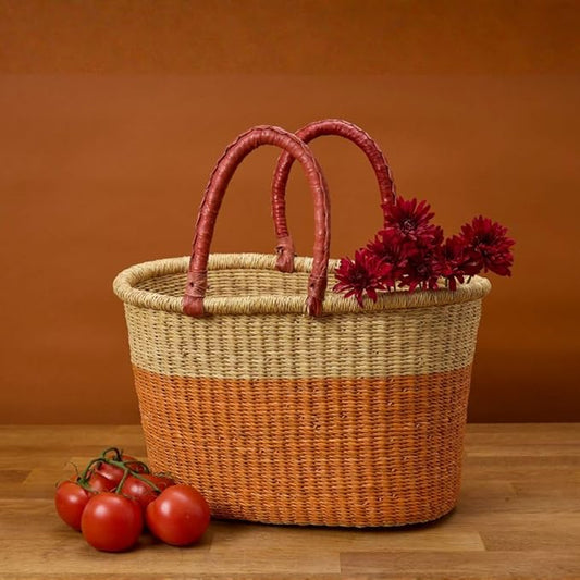 Picnic Basket - Large, Leather Handle | Garden Harvest, Fruit Picking, Farmers Market, Reusable Grocery | Woven, Wicker, African (Orange)