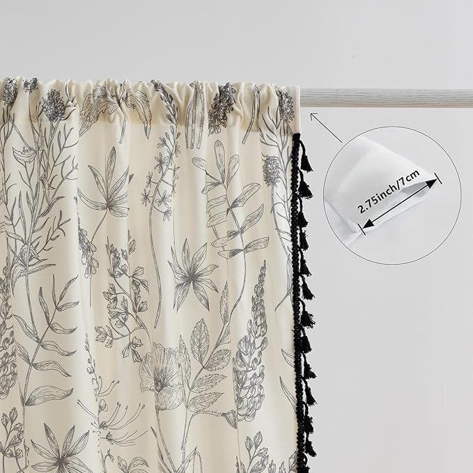 Boho Floral Curtains French Country Farmhouse Curtains 63 Inches Long Light Filtering Window Rod Pocket Drapes for Living Room 2 Panels-Grey Floral