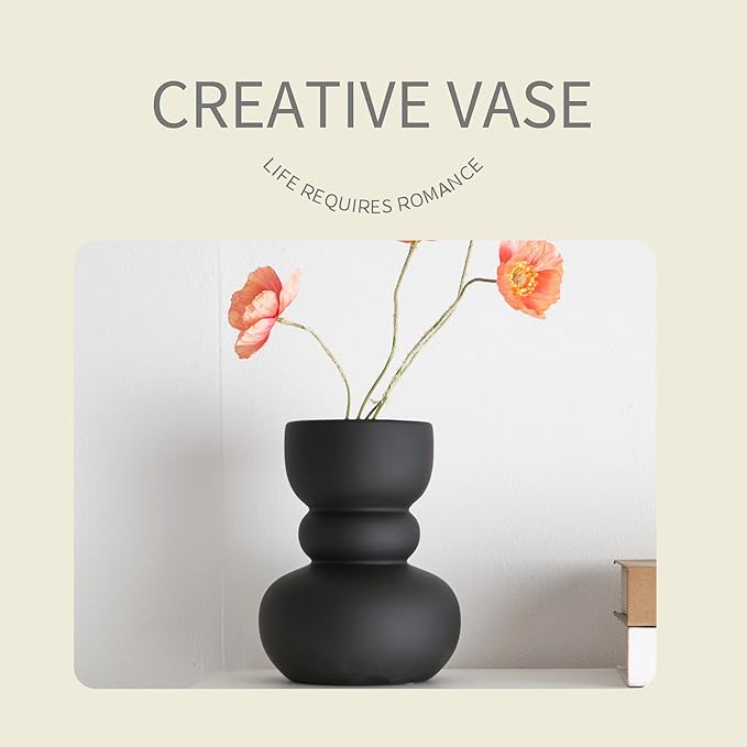 Black Ceramic Vase, Modern Dried Flower Vase, Matte Black Pampas Flower Vases, Boho Home Decor for Centerpiece Wedding Dinner Table Party Living Room Office Bedroom, Housewarming Gift