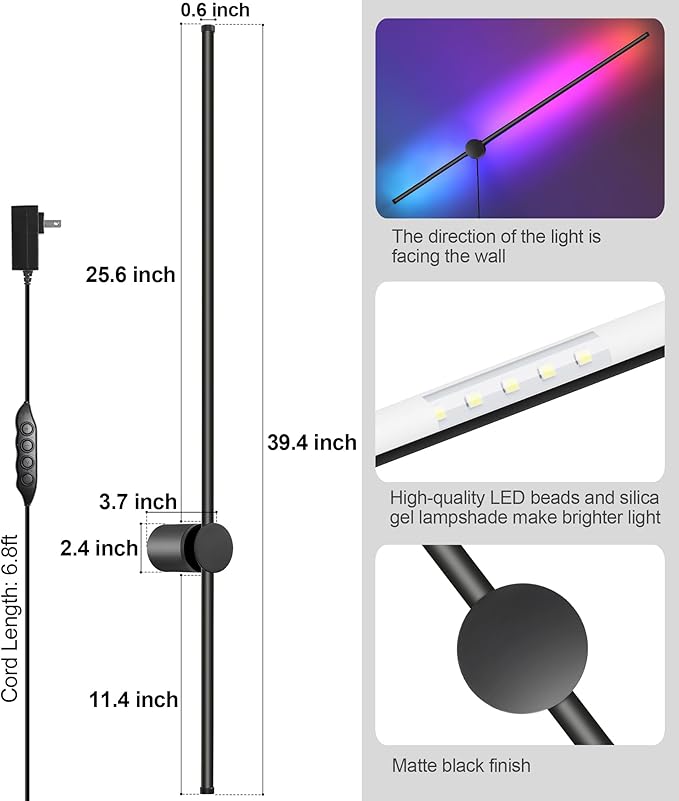 RGB LED Wall Sconces Set of Two with Remote, 15 Color Modes, Dimming, DIY 180° Rotate, Black Plug in Wall Sconces with Warm Light, Dynamic Multicolor Ambience Lights, Plug in Wall Light, 39.4 Inches