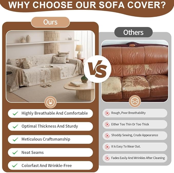 ROOMLIFE Boho Khaki Couch Covers for 3 Cushion Sofa, Chenille Couch Cover Sectional Sofa Cover for Dog, Washable Furniture Sofa Protector Cover Soft Blanket with Tassel for Living Room, 71 '' X 134''