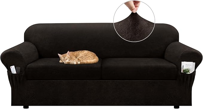Sofa Slipcover with Armrest Pockets 3-Piece Set, Stretch Faux Leather Couch Cover for 2-Cushion Couches(Fits 72-92") - Non-Slip, Machine Washable, Pet & Kid Friendly - Coffee