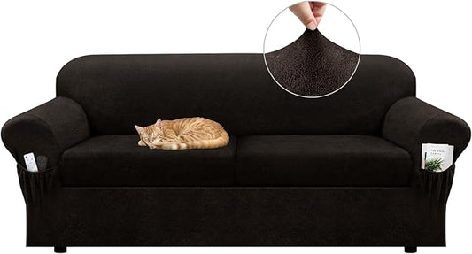 Sofa Slipcover with Armrest Pockets 3-Piece Set, Stretch Faux Leather Couch Cover for 2-Cushion Couches(Fits 72-92") - Non-Slip, Machine Washable, Pet & Kid Friendly - Coffee