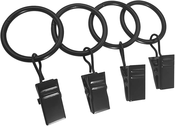 100 Pack Metal Curtain Rings with Clips, Drapery Clips with Rings, Drapes Rings 1 inch Inner Diameter, Fits Diameter 5/8 inch Curtain Rods, Black