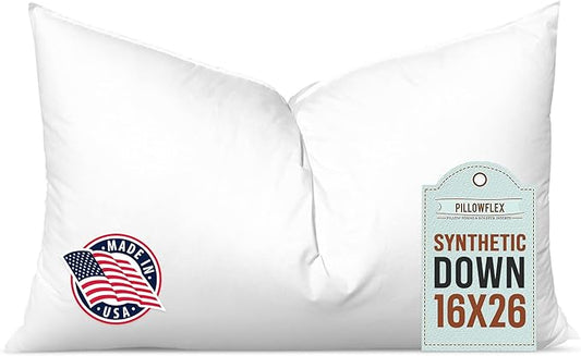 Pillowflex Synthetic Down Pillow Insert - 16x26 Down Alternative Pillow, Ultra Soft, Large Standard Rectangle, Lumbar, Back, Sleeping Pillow - 1 Decorative Pillow Form