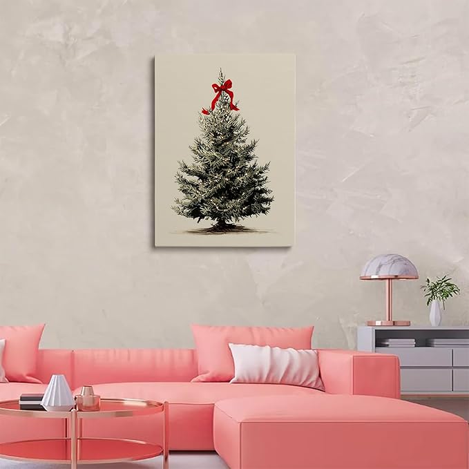 Vintage Christmas Tree Wall Art,Rustic Christmas Holiday Cottagecore Decor,Festive Vintage Tree Print