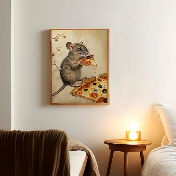 Eeuqiauot Funny Kitchen Wall Art Vintage Animal Poster Mouse Poster Pizza Posters for Wall Cute Animal Paintings Mouse Retro Print Kitchen Mouse Wall Art Vintage Picture 12x16inch Unframed