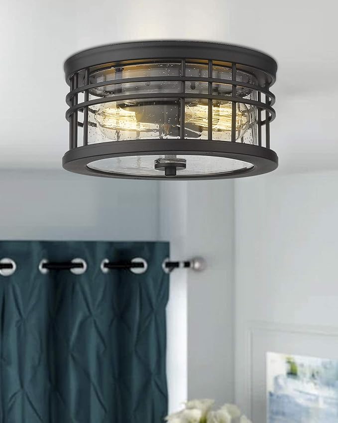 zeyu Flush Mount Ceiling Light, 2-Light Farmhouse Semi Ceiling Light Fixture for Kitchen Hallway 12 Inch, Black Finish with Seeded Glass, ZW01-F BK