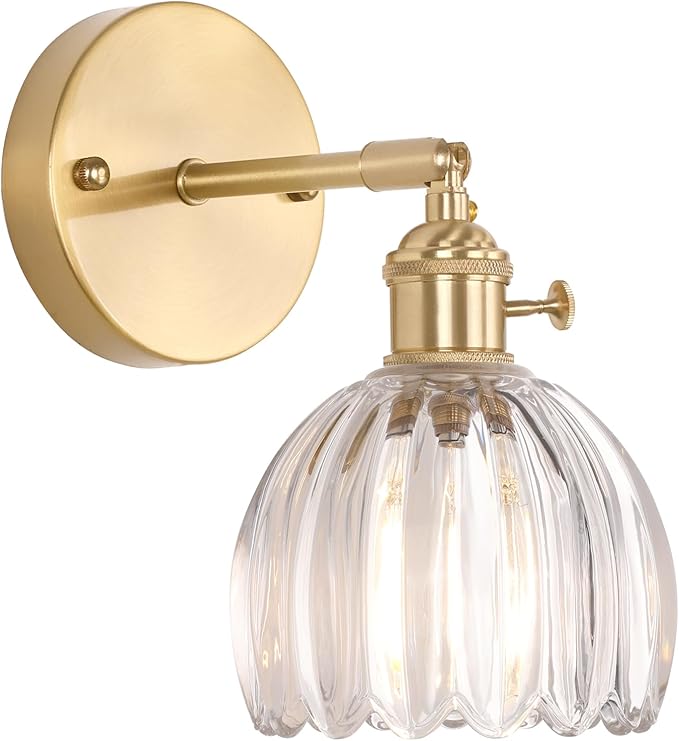 Vintage Wall Sconces with Cute Transparent Tulip Glass Lampshade 180 Degree Adjustable Brass Sconces Hradwired Modern Wall Lighting Fixture with Switch for Bedside Bedroom Doorway