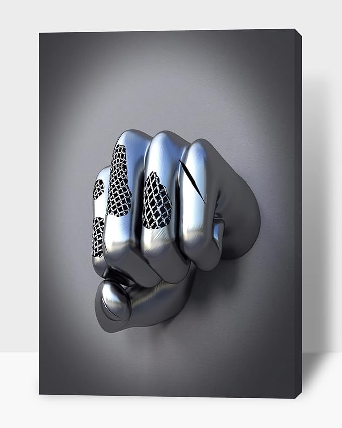 3D Metal Effect Wall Art - Abstract 3D Canvas Wall Art, 3D Modern Wall Art for Office, Silver Boxer Gesture3D Art Wall Decor for Modern Bedroom Decor Framed 24”x36”x1Pcs