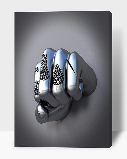 HIPOCAPO 3D Metal Effect Wall Art - Abstract Canvas Art, Modern for Office, Silver Boxer Gesture3D Decor Bedroom Framed 18''x24''x1Pcs 3d Art-03