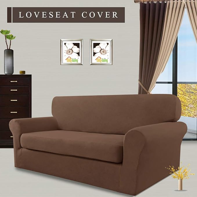 Easy-Going 2 Pieces Microfiber Stretch Sofa Slipcover – Spandex Soft Fitted Sofa Couch Cover, Washable Furniture Protector with Elastic Bottom Kids, Pet (Loveseat, Brown)