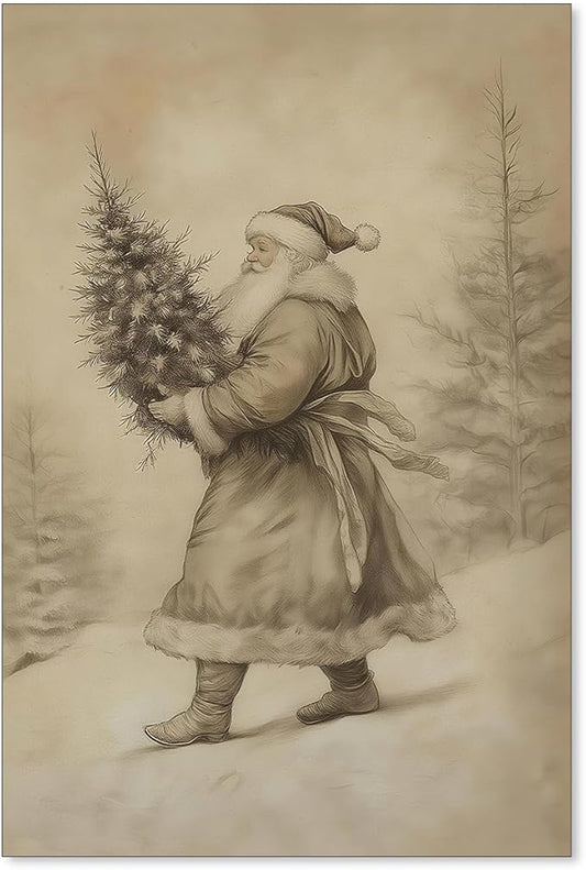 Santa Claus Sketch Poster Vintage Christmas Tree Wall Art Antique Winter Landscape Canvas Pictures Cozy Holiday Wall Decor 24x36 inch Unframed
