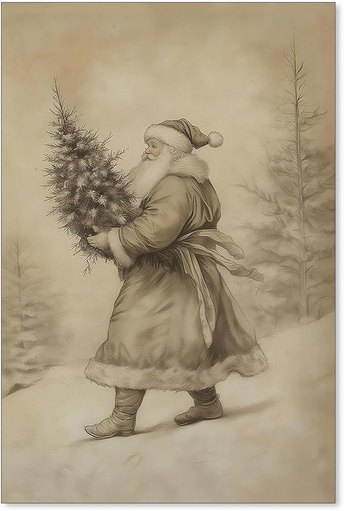 Santa Claus Sketch Poster Vintage Christmas Tree Wall Art Antique Winter Landscape Canvas Pictures Cozy Holiday Wall Decor 16x24 inch Unframed