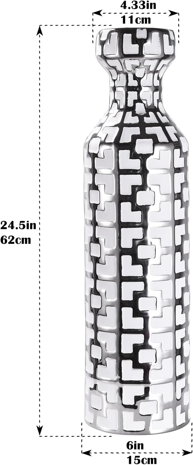 24.4 Inch Tall Floor Vase - Ceramics Black Ceramic with Silver Geometric Patterns, Large Cylinder Vases, Modern Home Decor for Living Room, Entryway, or Indoor Spaces