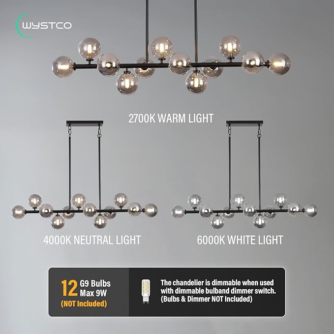 50 Inch Large Sputnik Globe Chandelier, 12-Light Mid Century Modern Light Fixture Over Table, Black Linear Chandeliers for Dining Room Kitchen Island Living (Smoke Grey Bubble Shades)